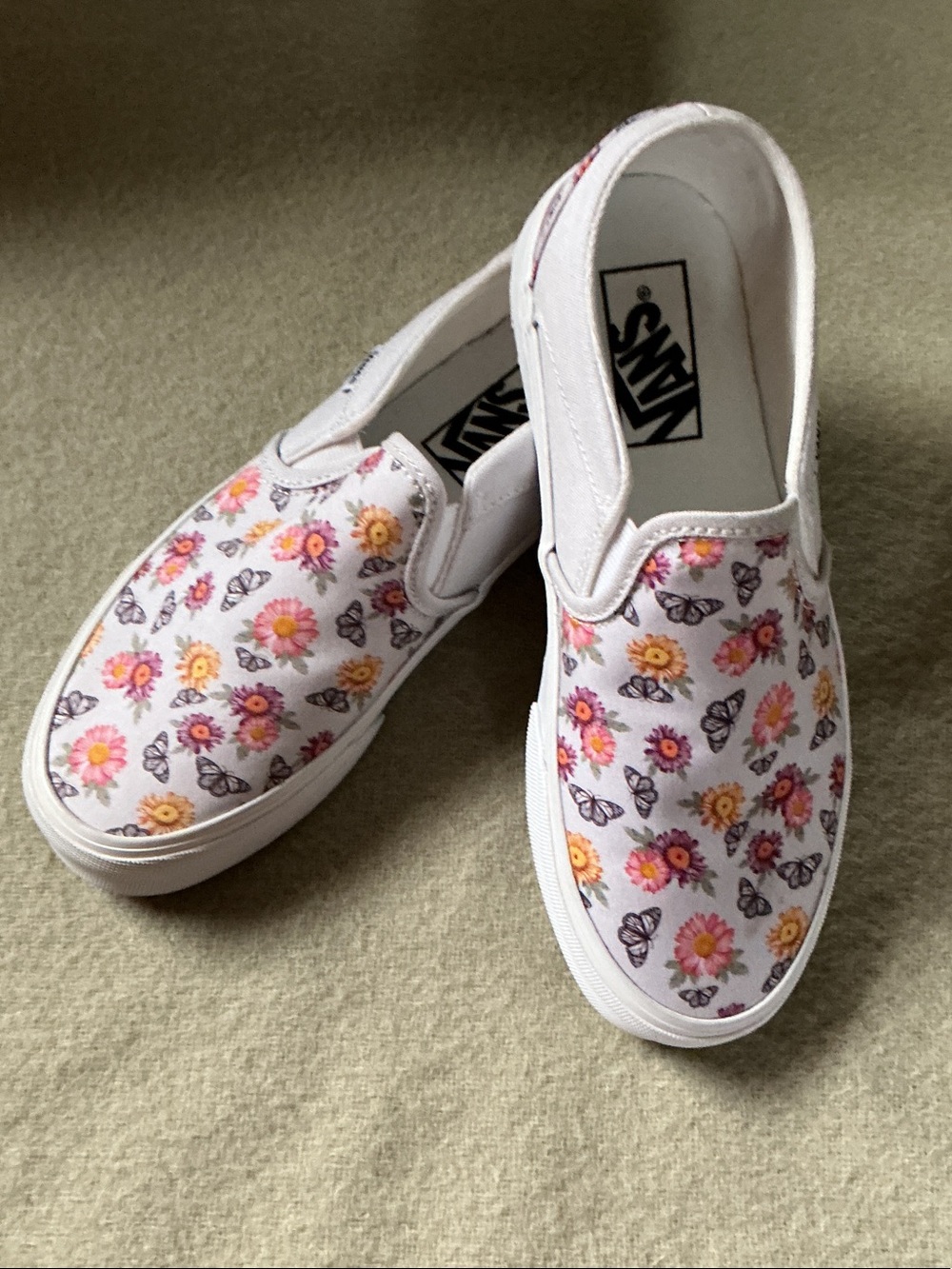 Vans White Slip-On Sneakers with Pink & Yellow Floral and Butterfly Print